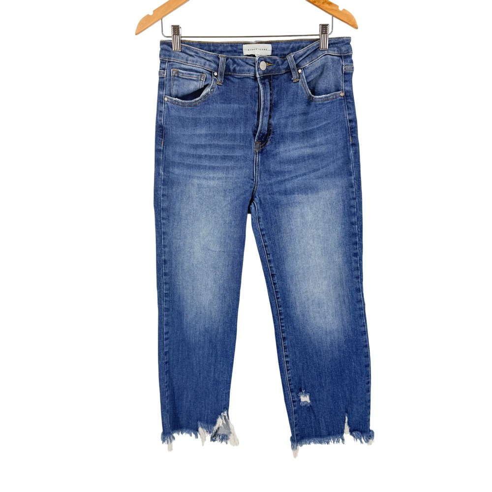 Risen Jeans Straight Leg Blue 13/31 Distressed Raw Hem High Rise Boho Modern
